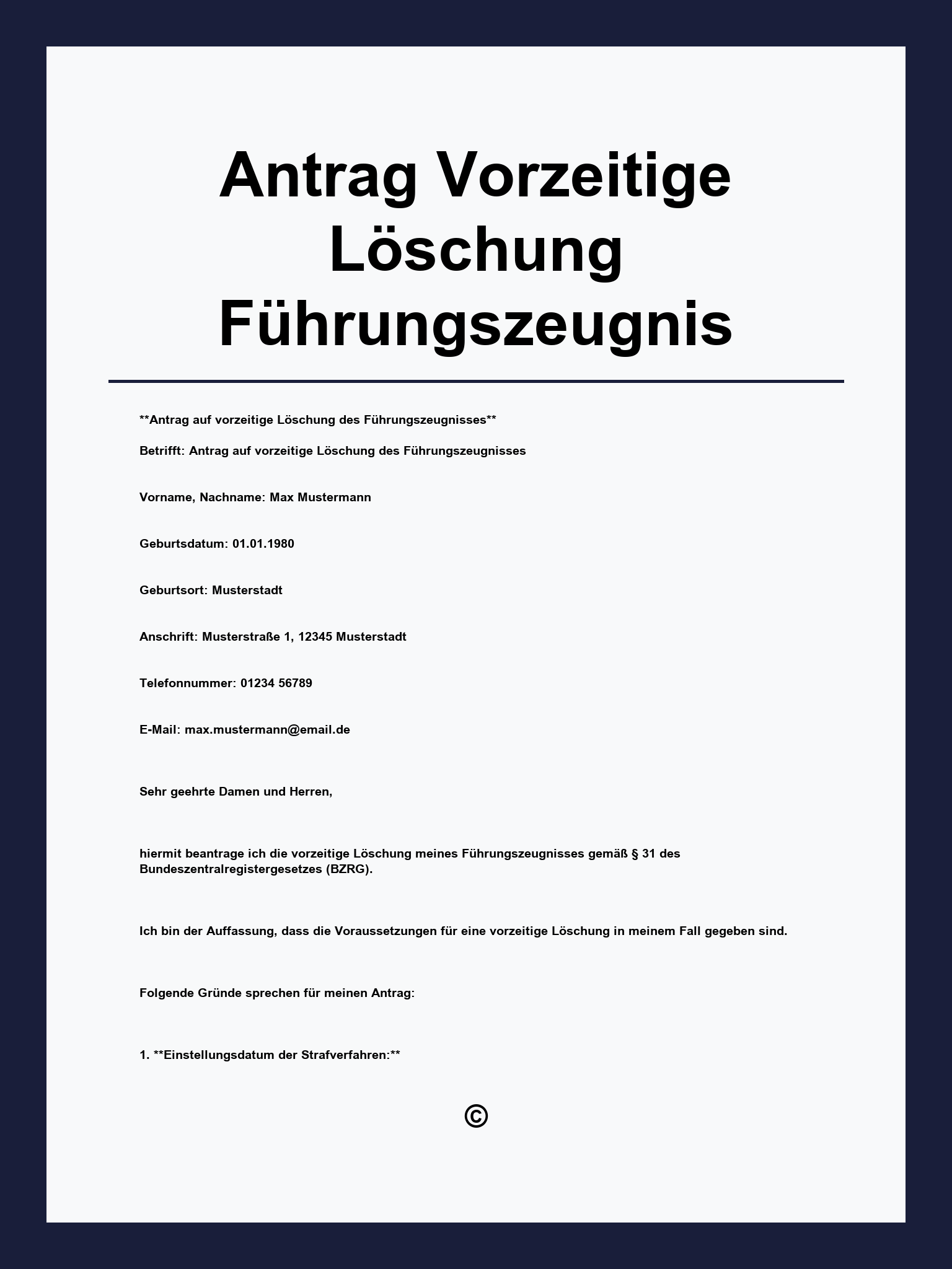 Antrag Vorzeitige Löschung Führungszeugnis Muster
