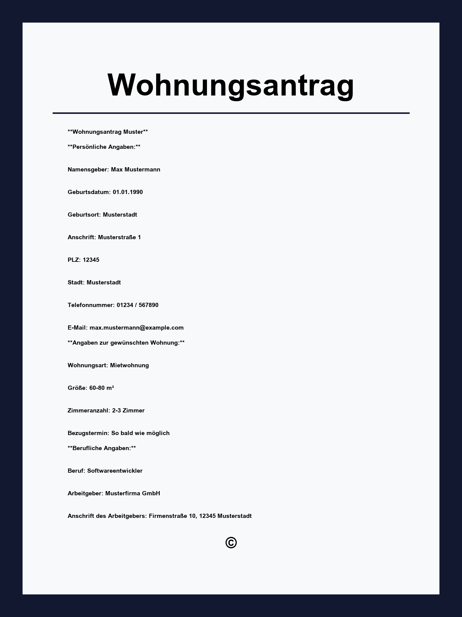 Wohnungsantrag Formular